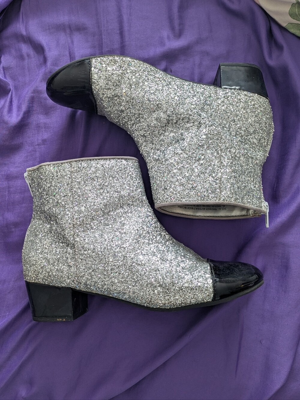 Silver Glitter Ankle Boots with Black Cap Toe